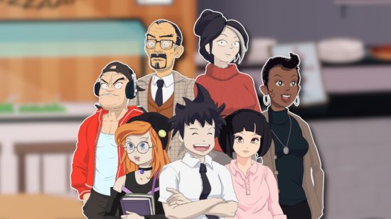 The cast of Full ADHD arranged in a group, outlined in white and pasted on a blurred cafe background from the game