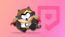 Funny games: A South Park character dressed as a raccoon superhero pasted on a peachy pink PT background