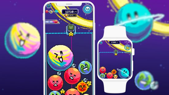 A promo image of Galaxy Mix showing the game on an iPhone and an Apple Watch, with the background graphics blurred