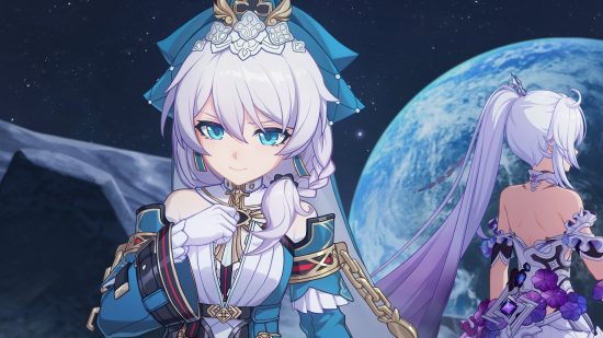 Games like Genshin Impact: Two white-haired characters on a moon from HI3 part 2