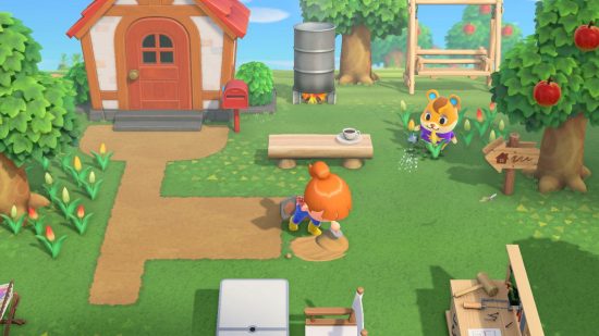 Screenshot of someone putting a plant in the ground in Animal Crossing: New Horizons for best games like Stardew Valley list