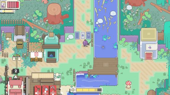 Screenshot of the berry standing in the town in Garden Story for best games like Stardew Valley list