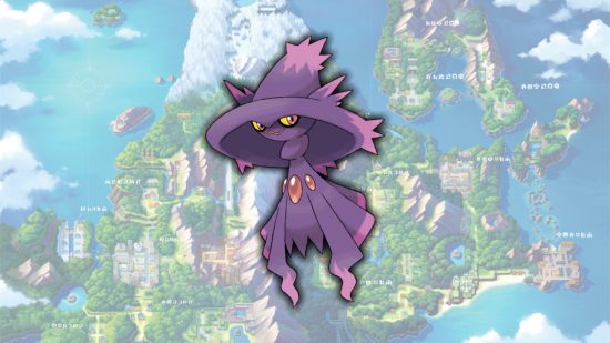 The Gen 4 Pokemon Mismagius hovering in front of a map of sinnoh