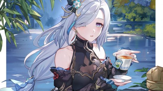 artwork showing genshin impact shenhe wearing her skin and holding a teacup