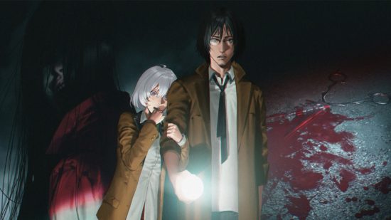 A screenshot from one of the best ghost games, Spirit Hunter: Death Mark II, showing a man holding a torch as a girl with white hair clings onto his arm in fear