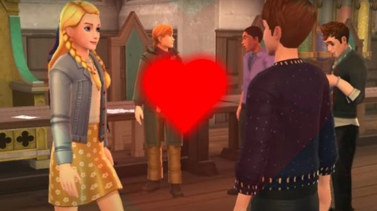 A blonde-haired girl in a denim jacket and yellow skirt walking towards a boy in blue wooly jumper with a love heart between them