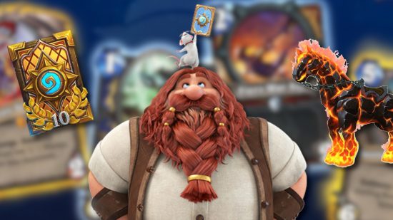 Hearthstone 10th anniversary: Harth Stonebrew, the innkeeper, flanked by a Fiery Hearthsteed and the 10th anniversary card back, all pasted on a blurred graphic from the patch notes