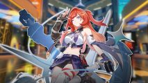 Honkai Impact 3rd Part Two: One of the new Valkyries with striking red hair and a yoyo, outlined in white and pasted on a blurred screenshot of a new location
