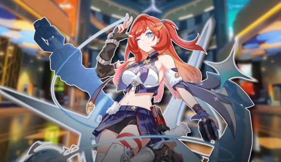 Honkai Impact 3rd Part Two: One of the new Valkyries with striking red hair and a yoyo, outlined in white and pasted on a blurred screenshot of a new location