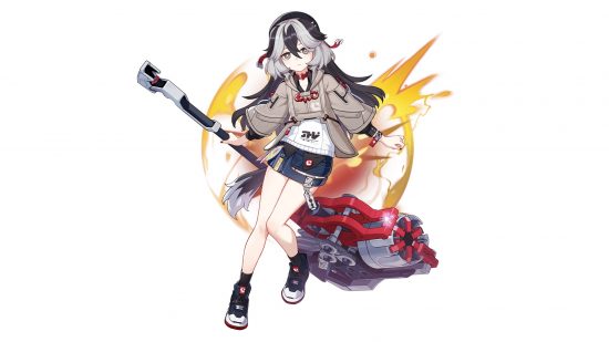 Honkai Impact characters - Coralie with a large red weapon against a white background