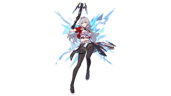 Honkai Impact characters - Erdős Helia with two cross bows against a white background