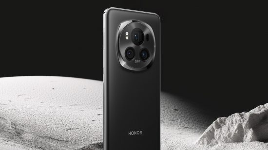 Honor 2024 global launch: The Honor Magic6 Pro in black staged on an asteroid