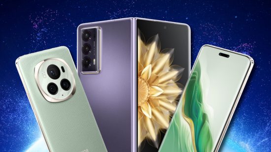 Honor 2024 global launch: The Magic V2 in purple layered with the Magic6 Pro in light green on the showcase's blue sparkly background