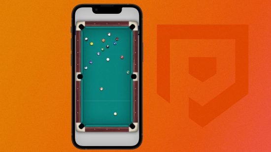 Custom image for best iMessage games guide with a pool game on an iPhone on an orange background