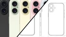 iPhone 16 design leak images next to four different colored iPhone 15s