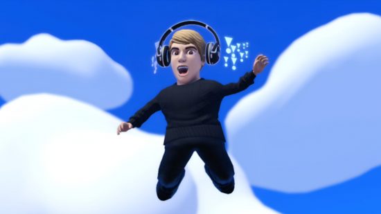 Header image from JBL Land Roblox page with a character jumping in the sky while wearing JBL headphones