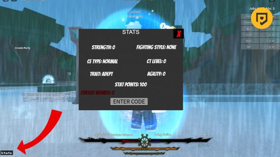 Jujutsu Academy codes: A screenshot of the codes entry menu featuring a red arrow pointing to the Stats button as it is small. The PT logo is in the top right corner