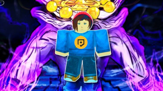Jujutsu Academy codes: Daz's Roblox character turned into a 'boy' Jujutsu Academy character with a PT logo on their shirt. They are outlined in white and pasted on some key art from the game page