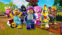 Lego games: The cast of LEGO Fortnite outlined in white and pasted on a blurred game screenshot