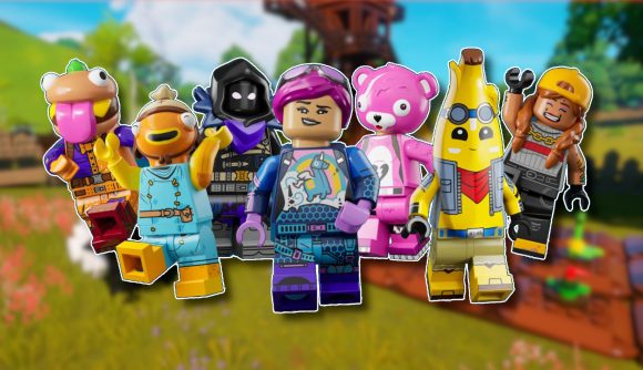 Lego games: The cast of LEGO Fortnite outlined in white and pasted on a blurred game screenshot