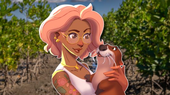 LongLeaf Valley one million trees: Ash, a tan skinned cartoon woman with peach pink hair and glasses holds a smiling otter. She is wearing a white tak top and her tattoo sleeve is visible. She is outlined in white and pasted on a slightly blurred photograph of a real tree farm in Madagascar