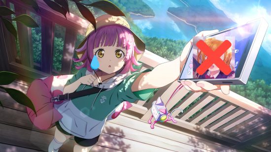 Love Live School Idol Festival 2 codes: Rina Tennoji holding up her mobile phone. On it is the SIF2 app logo with a red cross through it. Rina is crying an emoji tear.