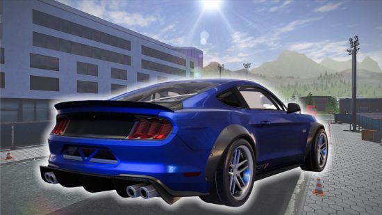 Mechanic games: a blue car in front of a picture of a street