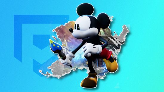 Mickey Mouse games: Mickey from Epic Mickey Rebrushed outlined in white and pasted on a blue PT background