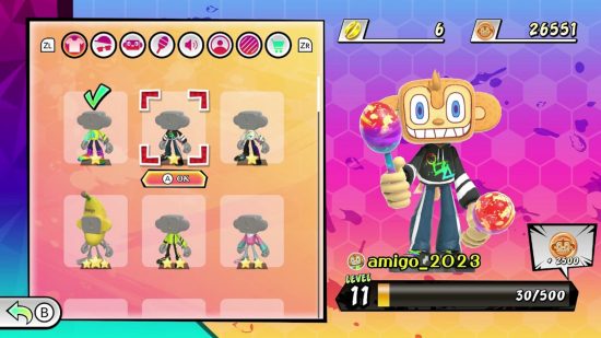 Monkey games: A screenshot from Samba de Amigo: Party Central showing the character creation