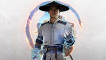 Mortal Kombat 1 fatalities - Raiden posing in front of the MK symbol with his hands cackling with blue lightning