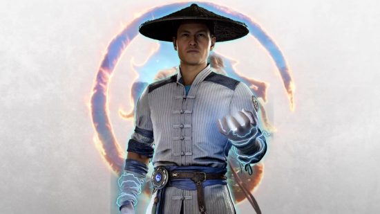 Mortal Kombat 1 fatalities - Raiden posing in front of the MK symbol with his hands cackling with blue lightning