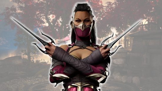 Mortal Kombat's Mileena from MK1 stood holding her sais with her arms crossed in front of a forest