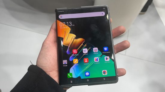Custom image of the ollable TECNO PHANTOM Ultimate concept in the hand at MWC 2024