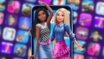 New Barbie mobile game: Barbie and her friend from Dreamhouse Adventures jumping out of a phone playing a Rollic game. The background is a blurred selection of Rollic app icons on a dark purple background