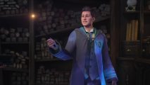 New Harry Potter game - a boy in Slytherin robes stood holding a wand in Ollivander's shop