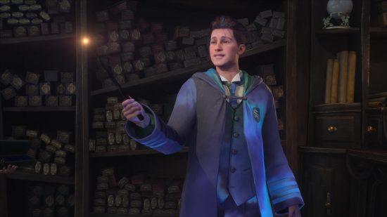 New Harry Potter game - a boy in Slytherin robes stood holding a wand in Ollivander's shop