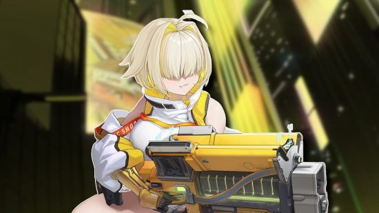 Nikke tier list: Elegg crouching with her gun, outlined in white and pasted on a blurred yellow cityscape background