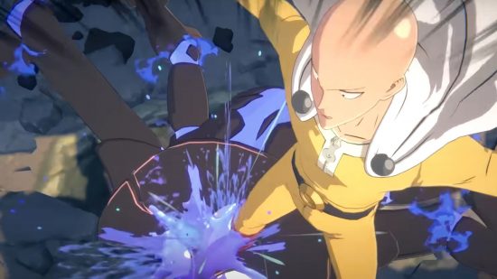 One Punch Man World saitama jumping away from explosion
