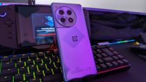 Custom image for OnePlus 12R review displaying the purple back of the phone