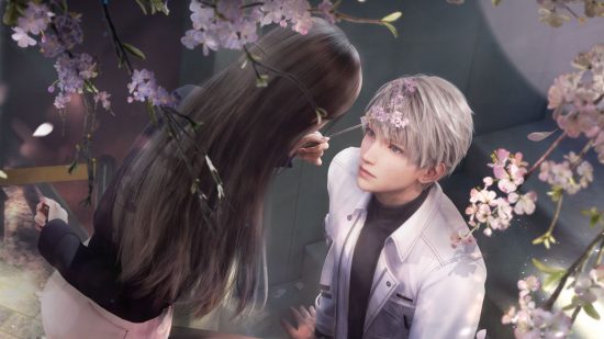 Artwork from one of the best otome games, Love and Deepspace, showing Xavier looking up at the main character with cherry blossoms on his head