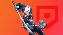 Persona 5's Yusuke, as Fox, wielding a massive katana, outlined in white and pasted on a red PT branded background