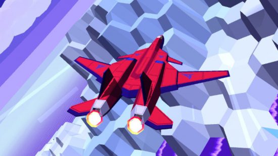 A red fighter jet going through a rocky area in Sky Rogue for best plane games guide