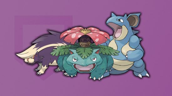 Poison Pokemon weakness - Skuntank, Venusaur, and Nidoqueen posing in front of a light purple background