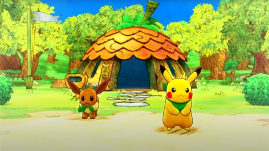 Pokemon Day 2024 predicitons - Pikachu and Eevee stood on a dirt road in front of a hut in the woods