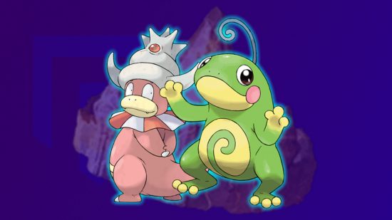 Slowking and Politoed stood in front of a Pokemon Go king's rock in front of a blue and purple background