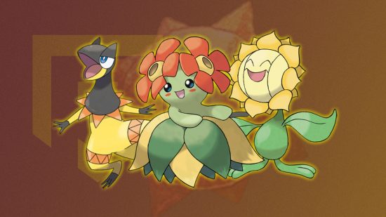 Helioptile, Bellossom, and sunflora in front of a sun stone in front of a red and yellow background
