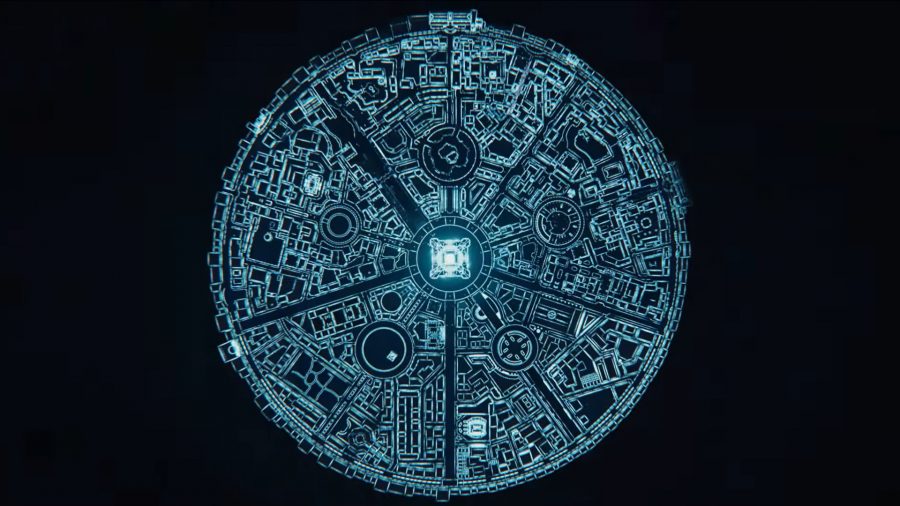 Pokemon Legends Z-A: A black image with a blue light-up line drawing of Lumiose City from above