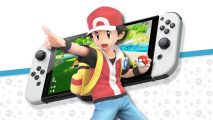 Pokemon open world: Red from Smash Bros pasted on top of some of the concept art from e117, specifically a graphic showing off a screenshot from their game on a Switch OLED
