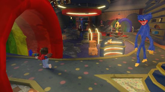 Poppy Playtime forever screenshot showing an avatar with a grab pack running into a tunnel while Huggy Wuggy chases them