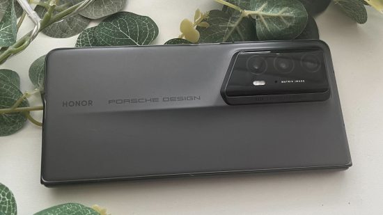 Custom image for Porsche Edition HONOR Magic V2 RSR review with the phone folded and showing the Porsche Design element